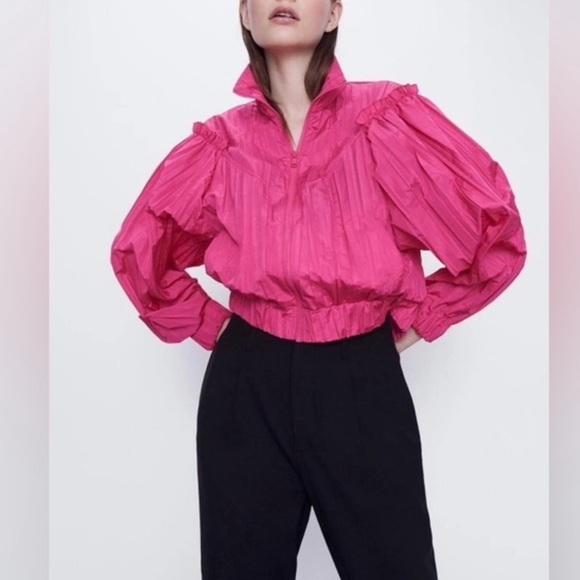 Zara pleated, ruffled jacket Fuchsia NWT - Picture 2 of 5